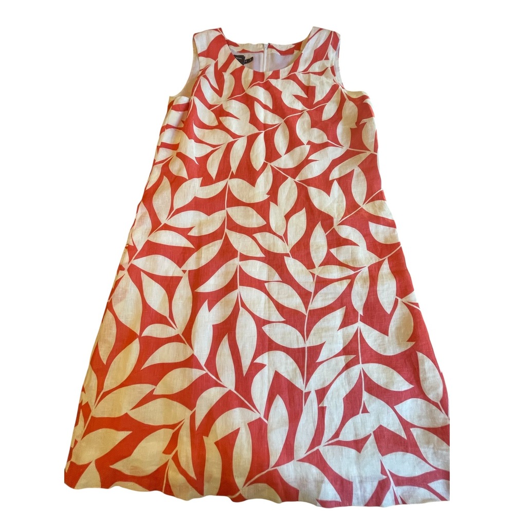Island Company Classic Shift Dress Coral Cream Linen Leaf Tropical Resortwear XL - Picture 2 of 6